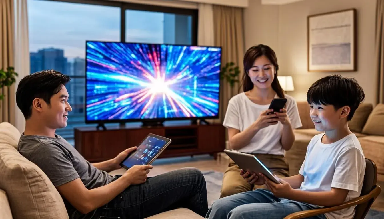 Famille regardant les chaînes françaises de l’IPTV France sur TV, tablette et smartphone