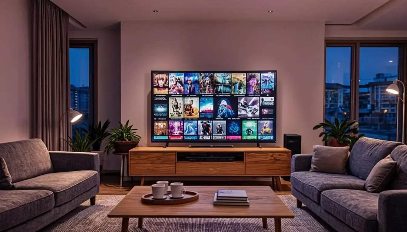 Écran 4K affichant les chaînes et la VOD de l’abonnement IPTV dans un salon moderne